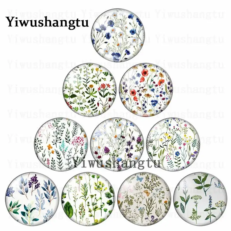 Démonstration de cabochon en verre coloré, herbe en fleurs, mer de fleurs, photo, dos plat, résultats exécutifs, 12mm, 20mm, 25mm, 30mm