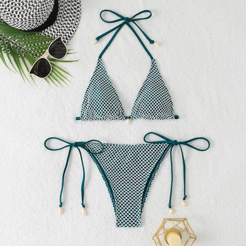 Women 2Pcs Bikini Set Sexy Mesh Decor Push Up Swimsuit Halter Neck Adjustable Beachwear Summer