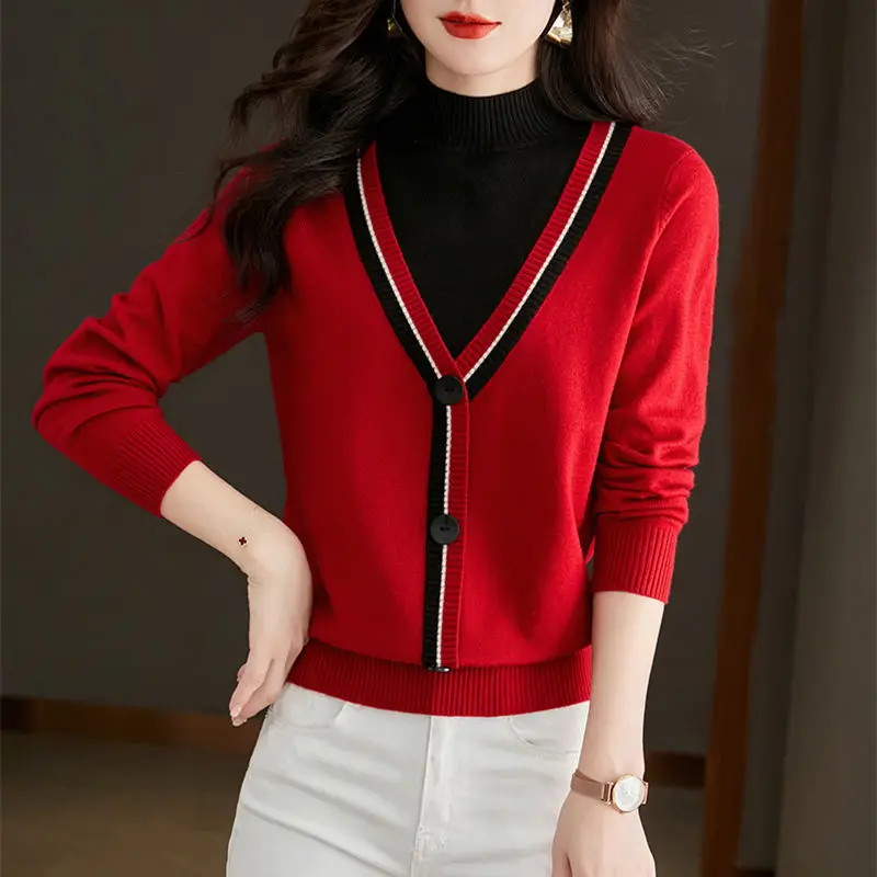 Sweater Women\'s Short Half High Neck Winter New Pullover Fake Two-piece Fashion Commute Straight Knitted Long Sleeve Bottom Tops