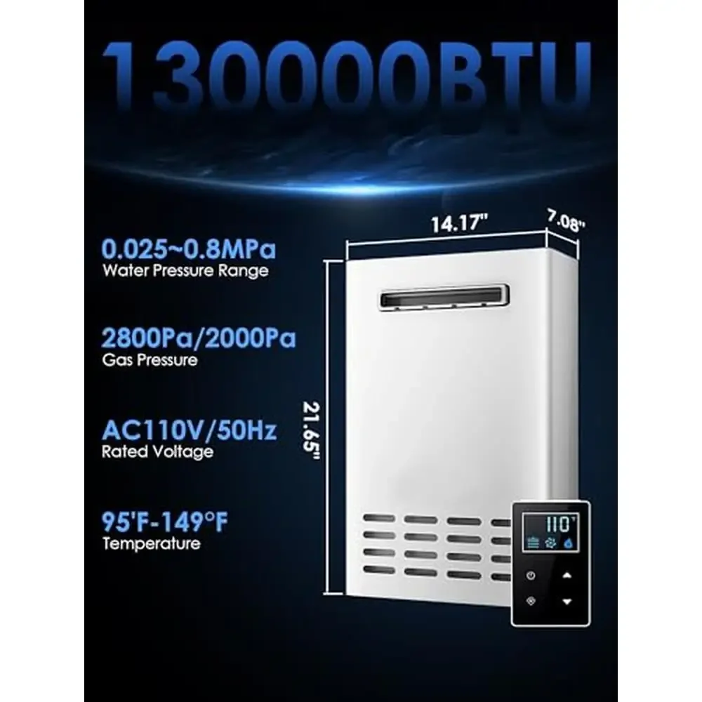 Outdoor Propane Tankless Water Heater 5.2 GPM 130000 BTU Remote Control On Demand Hot Water Heater Residential Instant IPX5