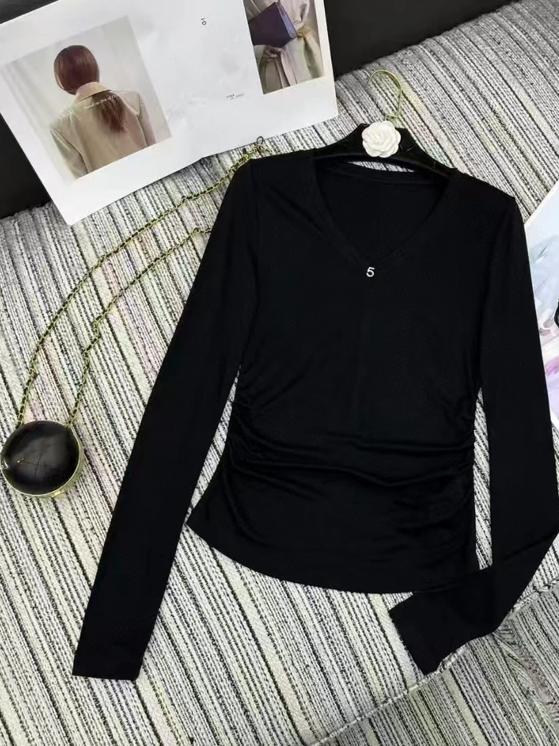 

Women's Spring/Summer New Arrival Casual Fashionable Versatile Long-Sleeve Color-Block T-Shirt with V-Neck