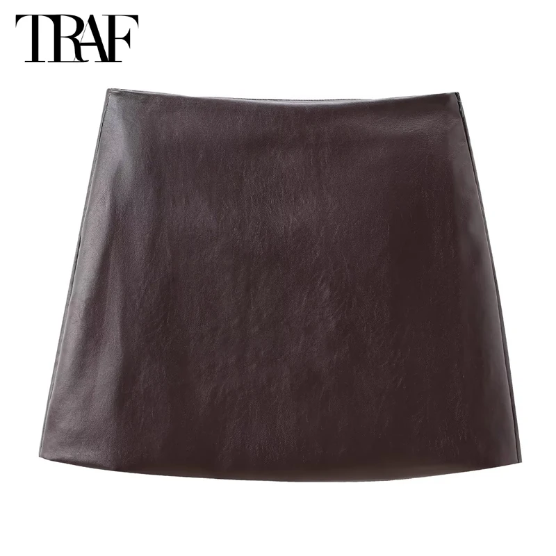 TRAF Faux Leather Mini Skirt Women High Waist Short Skirts for Women Summer Pleated Women\'s Skirts Fashion Luxury Woman Skirt