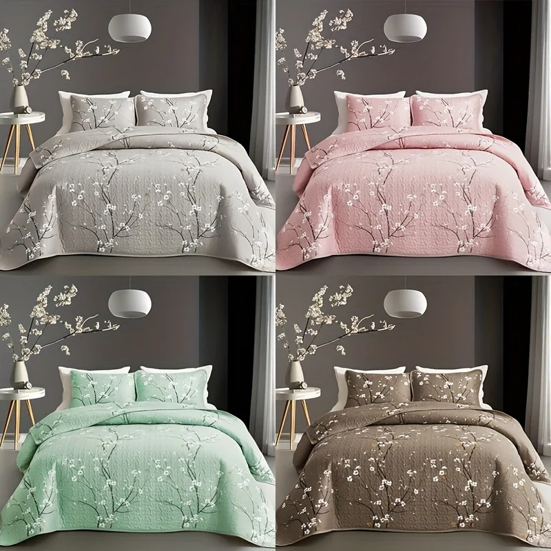 

us2/3pcs Multicolour Tree Branch Plum Blossom Quilted Quilt, 1pc Quilted Quilt+ 1/2pcs Pillowcases, Soft Breathable Comfortable Portability Hypoallergenic Machine Washable Bed Cover Bedding Room Decor, Twin/ Queen/ King Sized