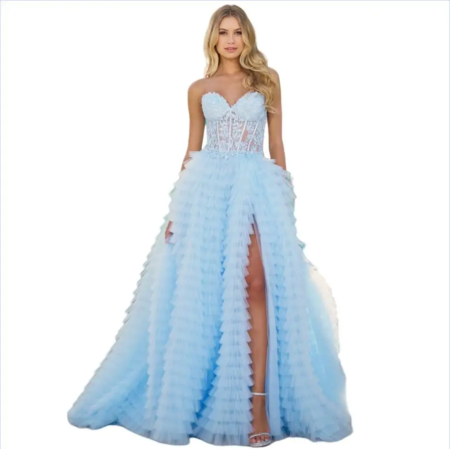 

Sweet Evening Dresses Customized A Line Illusion Lace Corset Pageant Gowns Women Side Slit Tiered Party Vestido De Novia