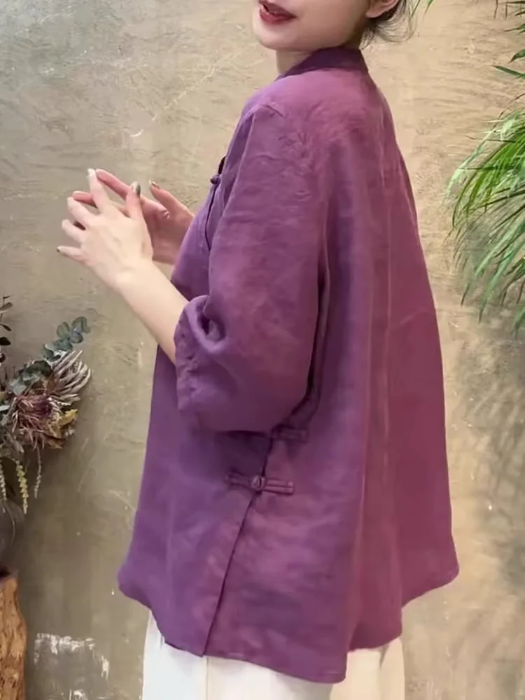 中国製綿麻紫ボタンシャツ女性初秋年齢軽減トップス麻五分袖スタンドカラーカジュアル