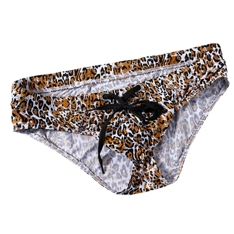 Men's Ice Silk Quick Dry Swim Trunks with Drawstring Low Waist Leopard Print Beach Swimming Shorts