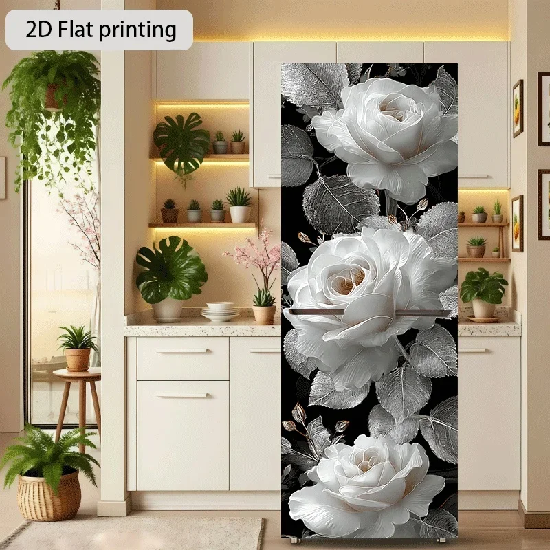 of Refrigerator Sticker, Featuring a White Rose And Silver Leaf Design, Suitable for Wall Decoration And Self-Adhesive Wallpap
