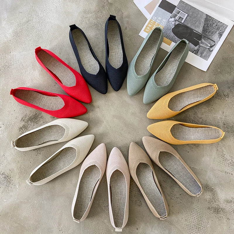 2024 Fashion Breathable Knitted Fabric Ballet Flats Women Mesh Casual Boat Shoes Soft Rubber Sole Pointed Toe Slip On Loafers