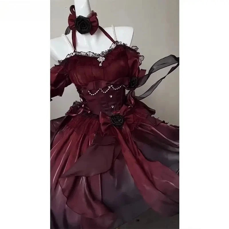 Lolita One-word Collar Neck Bow Fluffy Princess Party Dresses Black and Red Gradual Change Sweet High Waist Wedding Dress