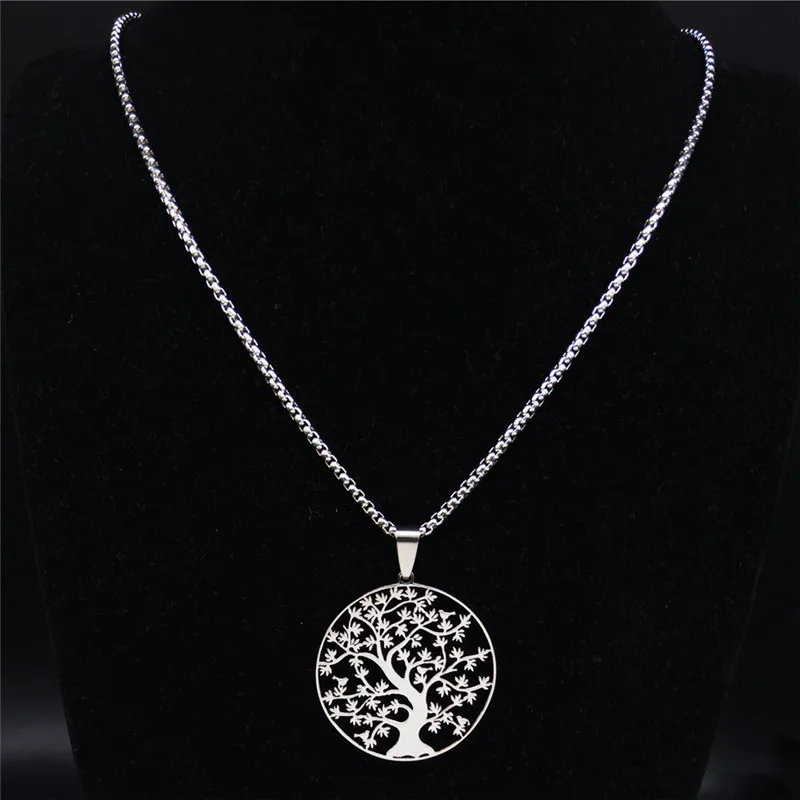 Tree of Life Stainless Steel Fashion Necklaces Women Statement Necklace Silver Color Chain Necklace Jewelry bayan kolye N7057S01