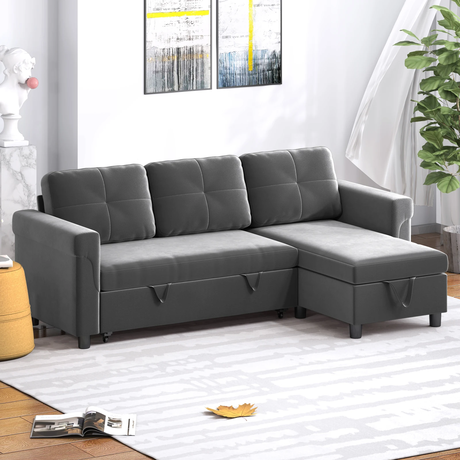 HORGAEO Sectional Sleeper Sofa with Reversible Left/Right Storage Chaise,Modern Futon Sofa Bed L-Shaped Couch Bed