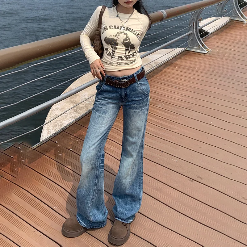 

American Retro Low-waisted Micro Flare Jeans. Ladies' Four Seasons New Fashionable and Versatile Hot Girl Floor-length Jeans