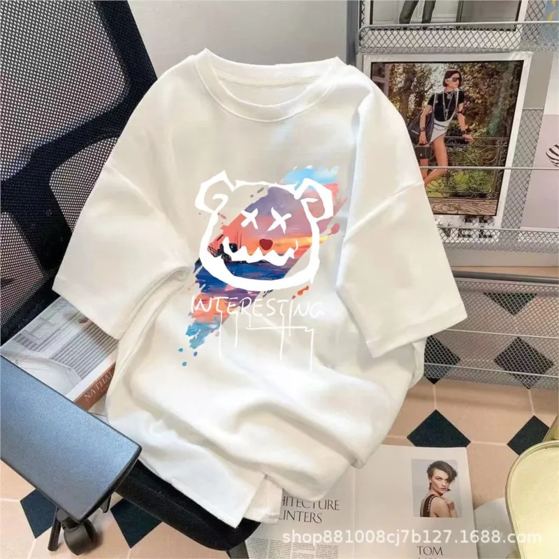 Casual Short Sleeve Tshirt Blouse Office Lady Spring Summer Fashion Loose Print Tshirt For Women 2024 Female White Tops Tees