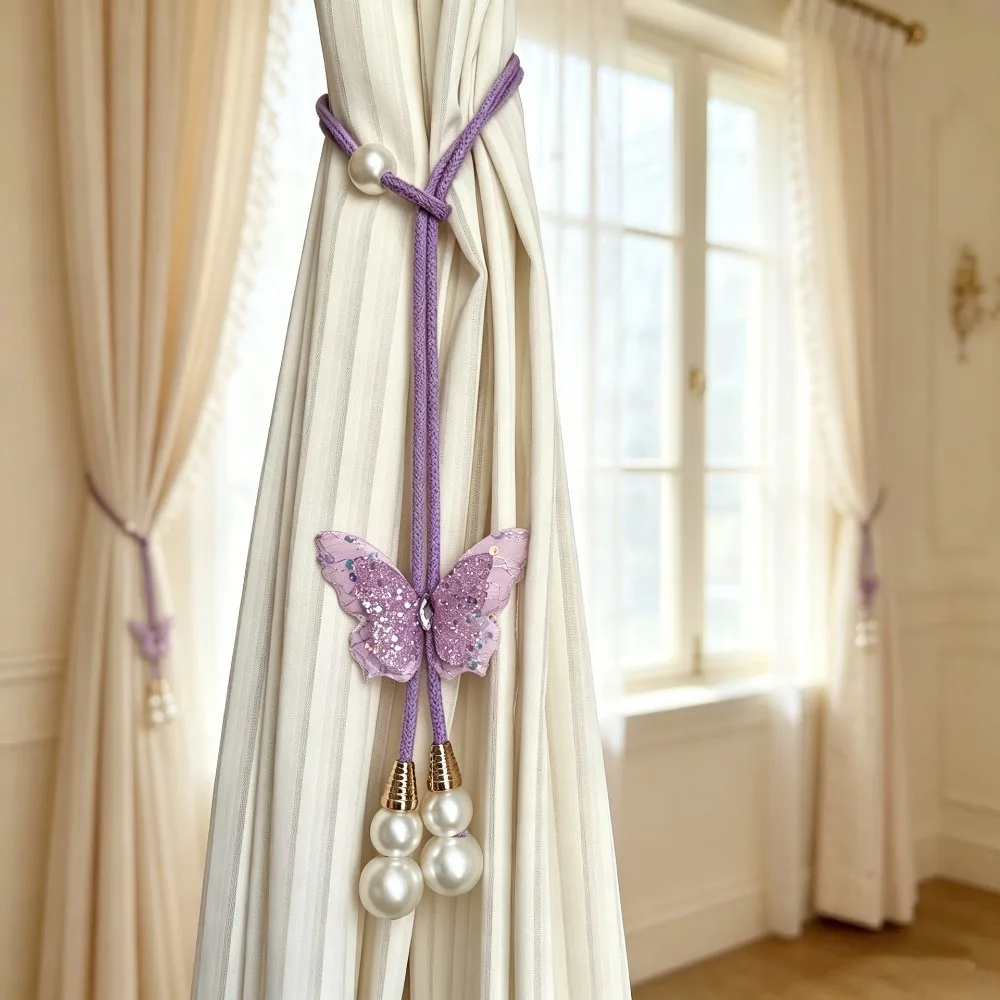 2PCS Adjustable Butterfly Curtain Tie Strap Creative Artificial Pearl Curtain Rope Decorative Pearl Curtain Buckle