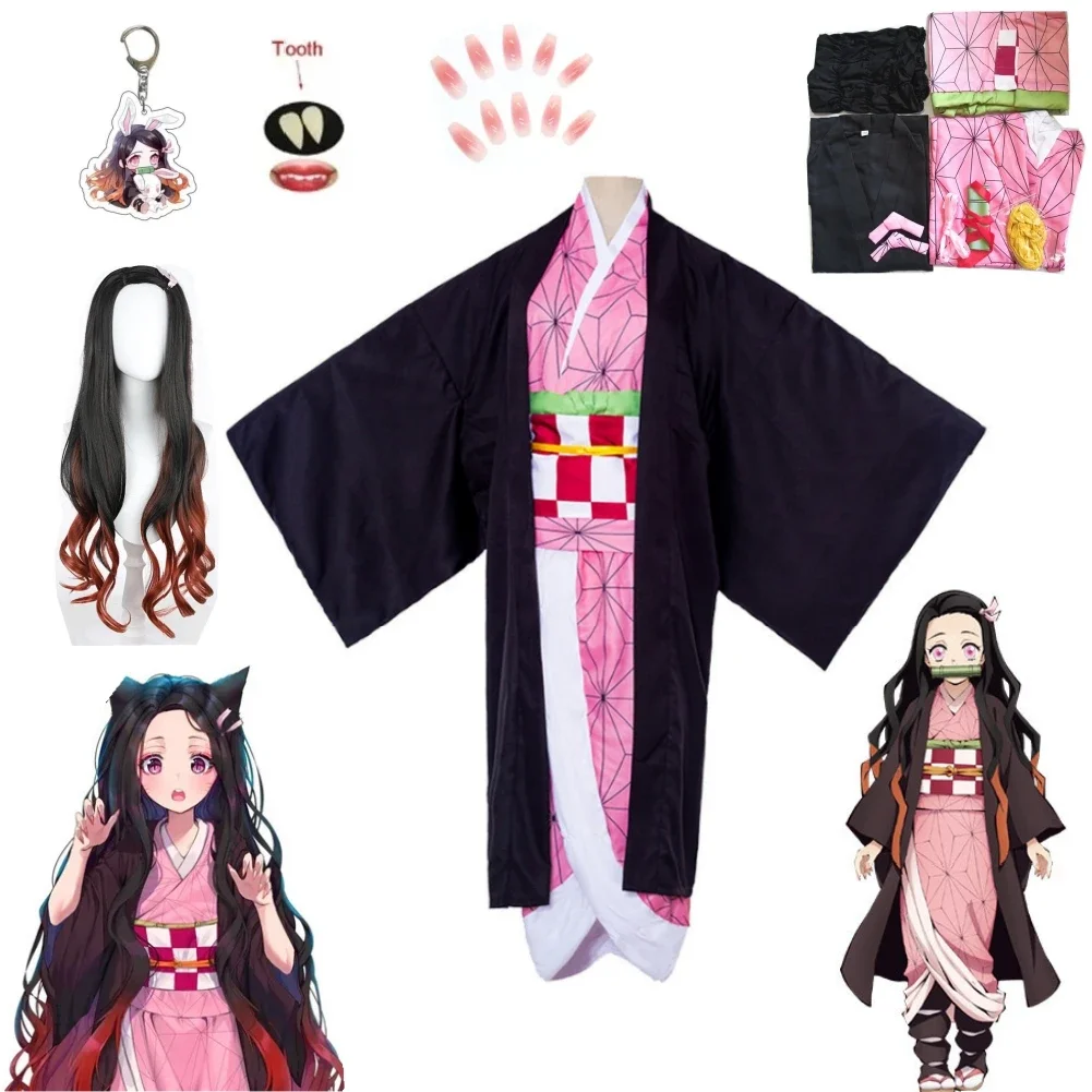 

Adult Kids Anime Cosplay Costume Demon Slayer Kamado-Nezuko Uniform Kimono Kimetsu No Yaiba Dress Wig Women Girls Halloween Suit