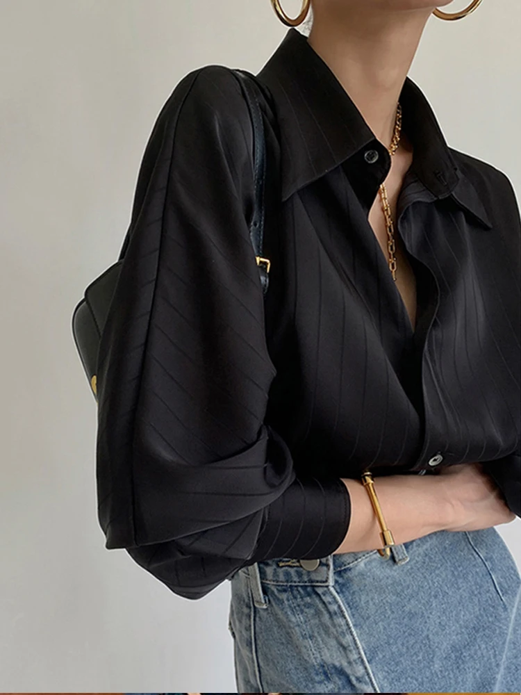 

Elegant Black Acetate Satin Stripe Shirt Women's Commute Design Spring Career Clothing Drapey Top Korean Loose Fit Button Detail