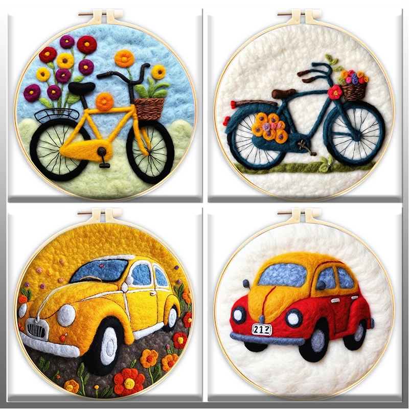 

CHENISTORY 20x20cm Needle Felting Kits Beginners Bicycle and Cars DIY Wool Needle Felting Starter Kit Home Decoration Art Craft