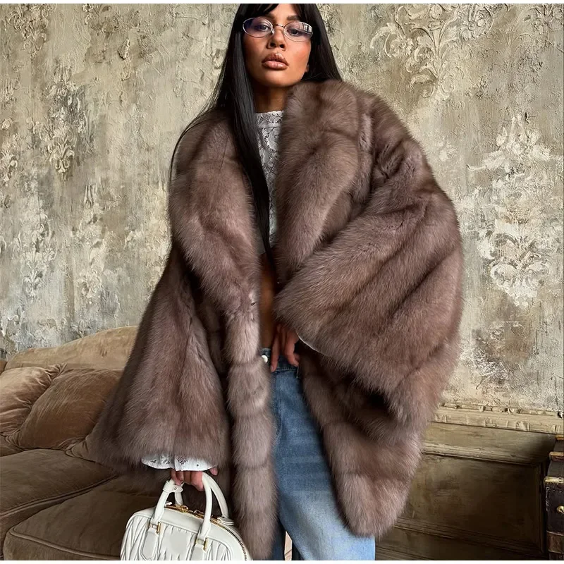 Women Patchwork Faux Fur Coat Elegant Contrast Full Sleeve Lapel Loose Long Staple Plush Jacket Winter High Street Outerwears