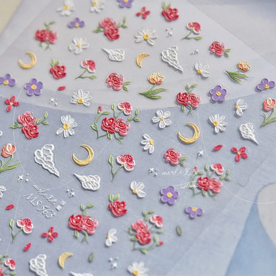 1 pçs 5d alívio cinco pétalas flor arte do prego adesivos kawaii requintado vermelho rosa decoração do prego decalques adesivo transferência slider diy
