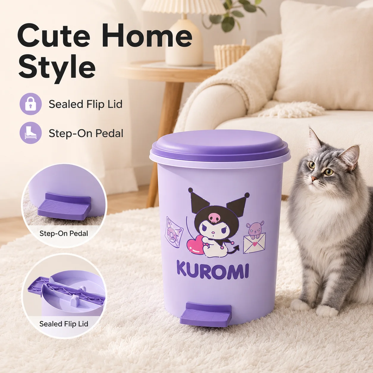 Sanrio My Melody Pedal Trash Can With Inner Bucket Cute Cartoon Portable Handle Waste Bin Household Kitchen Bathroom view 5