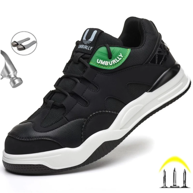 Sepatu kerja baru pria, alas kaki laki-laki nyaman, desain sambungan, sneaker tahan banting Anti hantam, baja jari kaki pria 2025