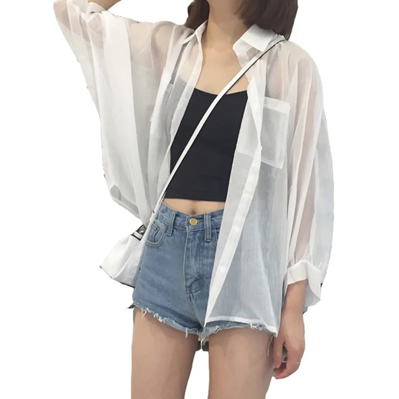 Womens Summer V Neck Cover Up Long Sleeve Button Down Shirts Sun Protection Blouse