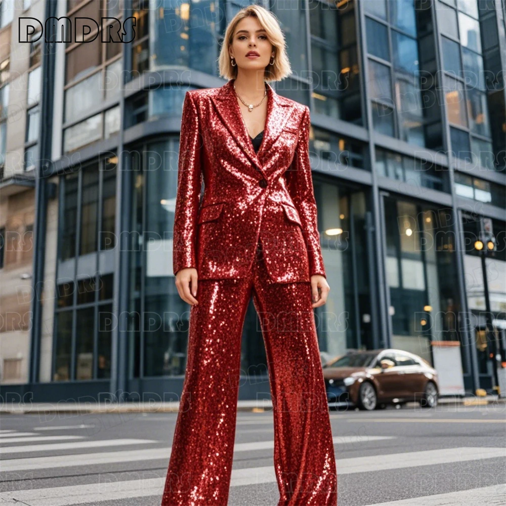 

Women's Sparkle Red Sequins Suit Set, One Button Blazer, Flare Pants, Prom Tuxedo Set, Slim Fitted, Fashion, 2 Pcs