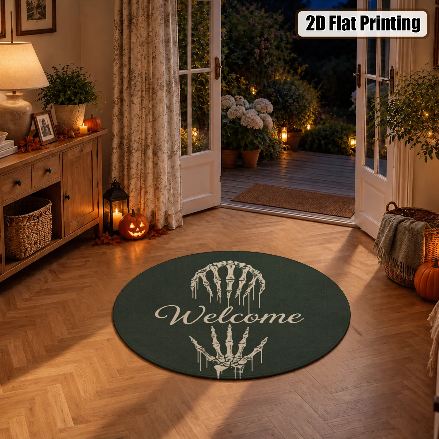 Soft Velvet Skeleton Hand Design Round Welcome Mat, Machine Washable Floor Mat for Entryway, Porch, Living Room, Halloween, Thanksgiving, Christmas, New Year Holiday Decor