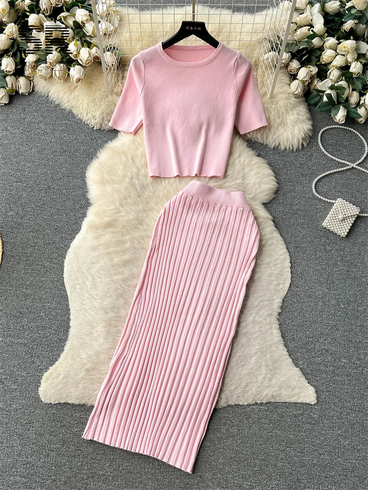 SINGREINY Casual Two Piece Sets Women Summer O Neck Top Elastic Waist Long Skirt Fashion Office Lady Korean Knit Suit