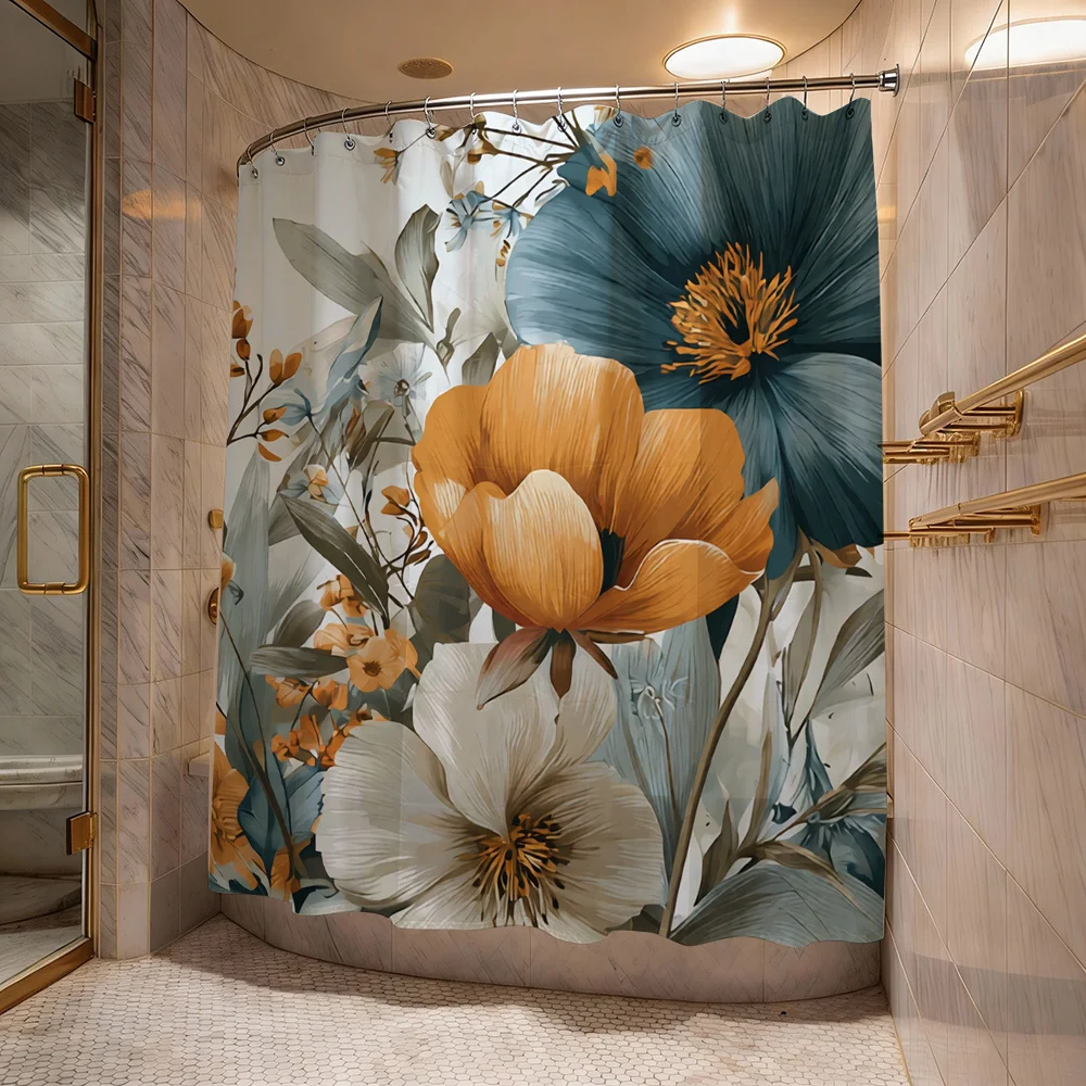 

Waterproof Botanical Floral Shower Curtain Blue Orange Tropical Watercolor Print Shower Liner 180x180cm Bathroom Decor