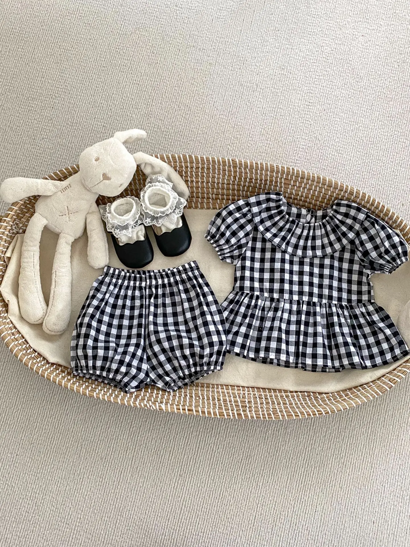 Summer Girl Children Plaid Lapel Puff Sleeve Tops + Shorts 2pcs Newborn Casual T-shirt Suit Loose Infant Cotton Tees Set Clothes