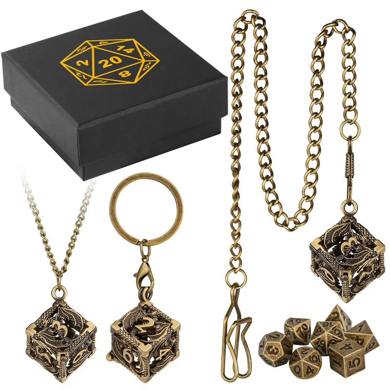 خمر الجوف D6 حالة مع 7 قطعة/المجموعة البسيطة المعادن متعدد السطوح النرد حلقة رئيسية قلادة سلسلة بدلاية لعب الأدوار منضدية الألعاب #4