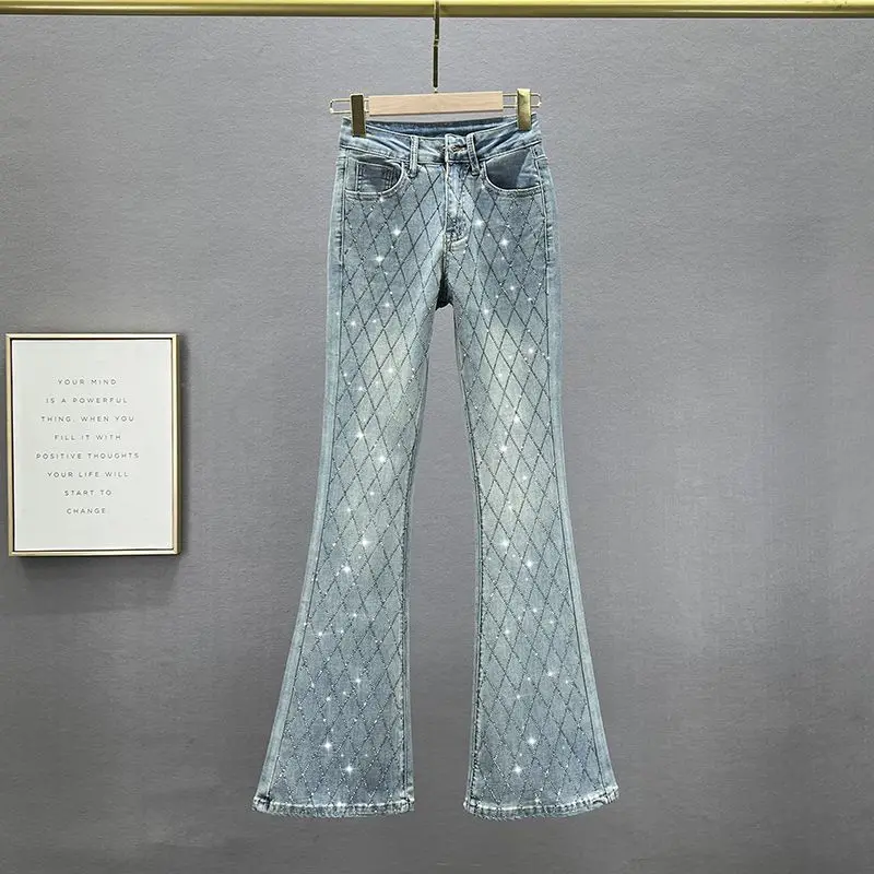 Female New Fashion Elastic High Waist European Goods Rhinestones Trousers Jeans Women Blue Korean Slim-fit Flared Denim Pants