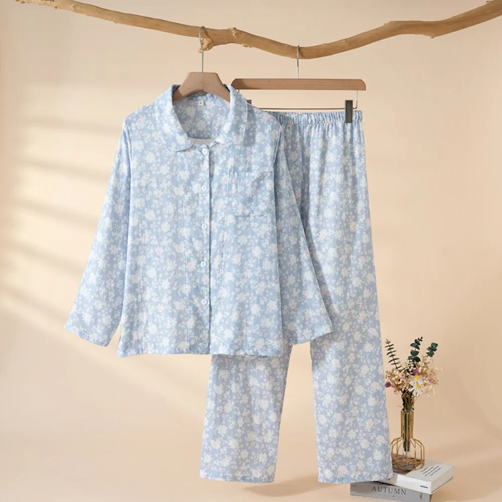 2-Piece Women‘s Pajama Set Gauze Cotton Button-Down Spring Autumn Long Sleeve Soft Comfy Home Loungewear Floral Pyjamas Set