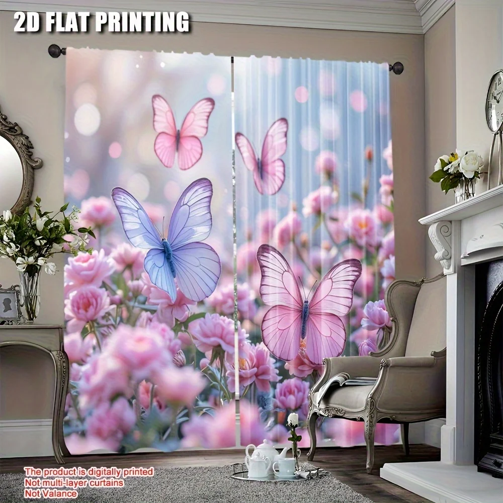

2pcs, 2D flat printing Window Curtains Pink Flowers and Butterflies Blackout Polyester Wall Decor Suitable for Room_bedroom_Wind