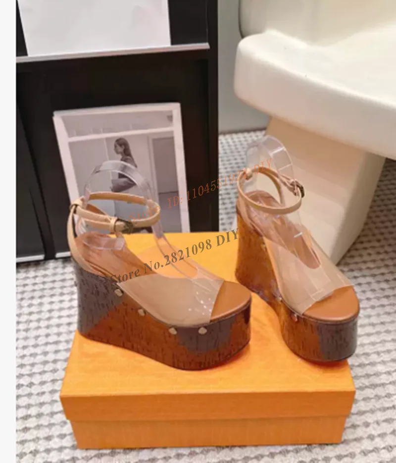 Women's Platform Sandals Pvc High-Heeled Thick-Heeled Shoes Thick-Soled Wood Grain Waterproof Table Sandals Metal Nail Sandals image 3