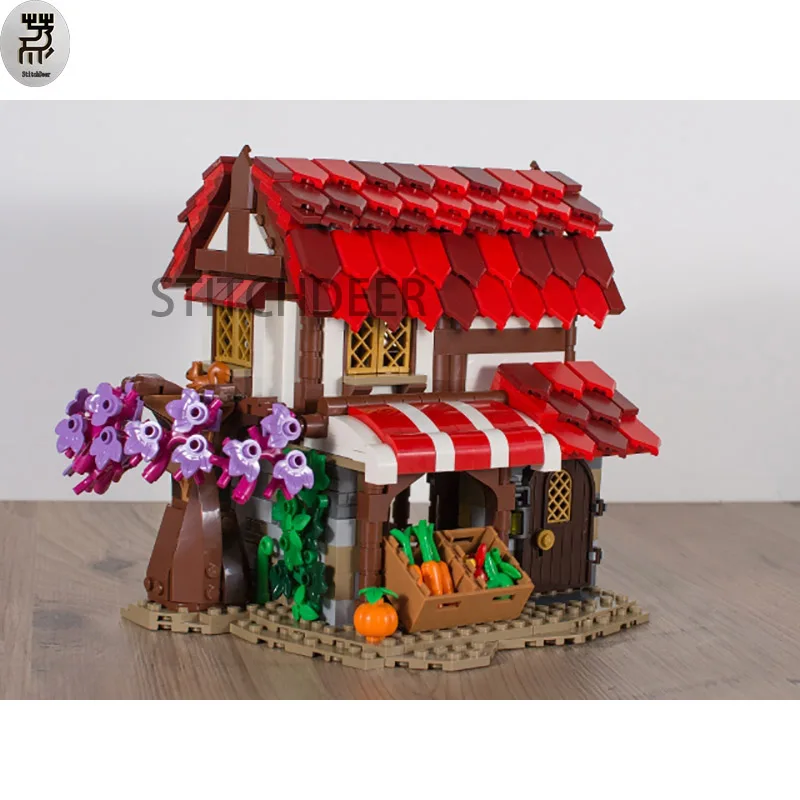 908Pcs Moc Middeleeuwse Marktplaats Modulaire Bouwhuis Bouwstenen Assembleren Model Diy Speelgoed Baksteen Educatie Vakantiegeschenk