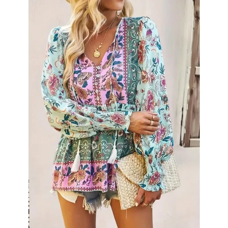 

Большие размеры 1XL-5XL, новые женские топы, темпераментная блузка, рубашка, повседневная свободная одежда с v-образным вырезом и длинными рукавами с принтом для поездок на работу