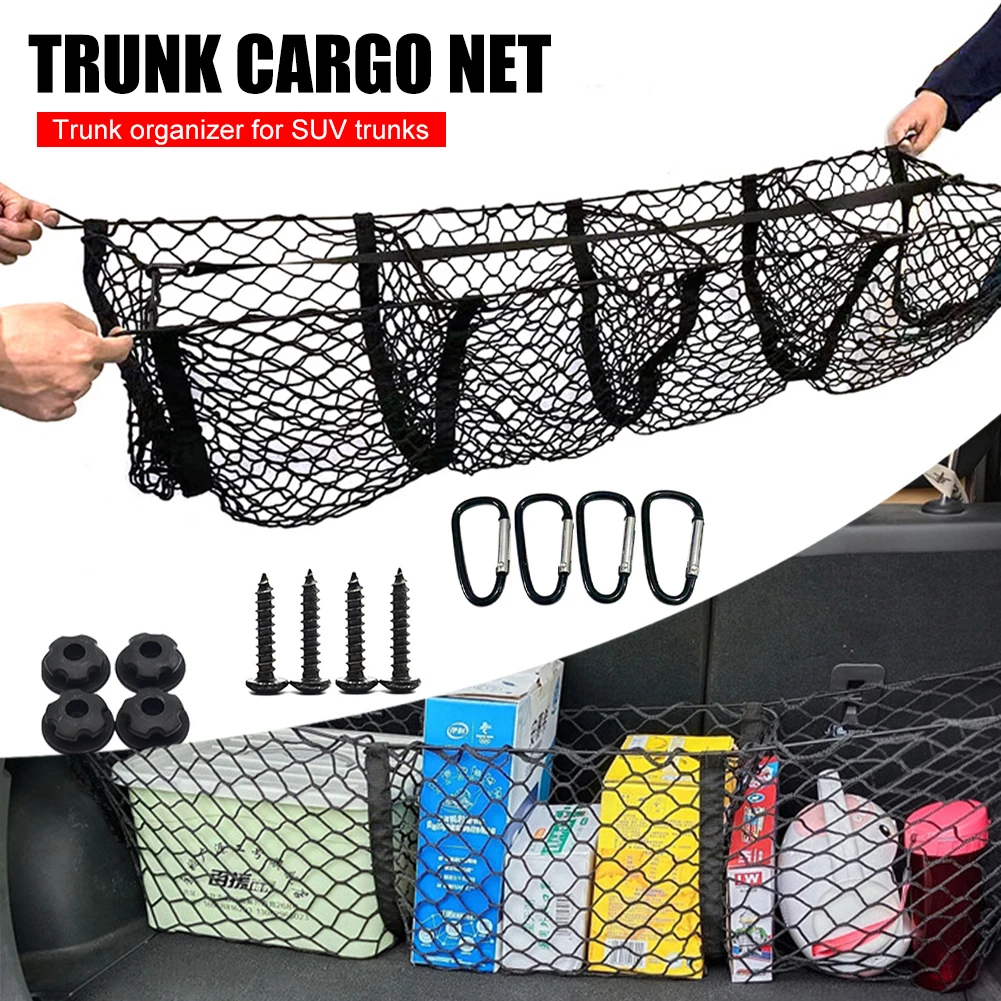 

3 or 4 Pockets Cargo Net Stretchy Trunk Storage Organizer Net Heavy-Duty Luggage Holder with Mount Kit for SUV Pickup Truck Van