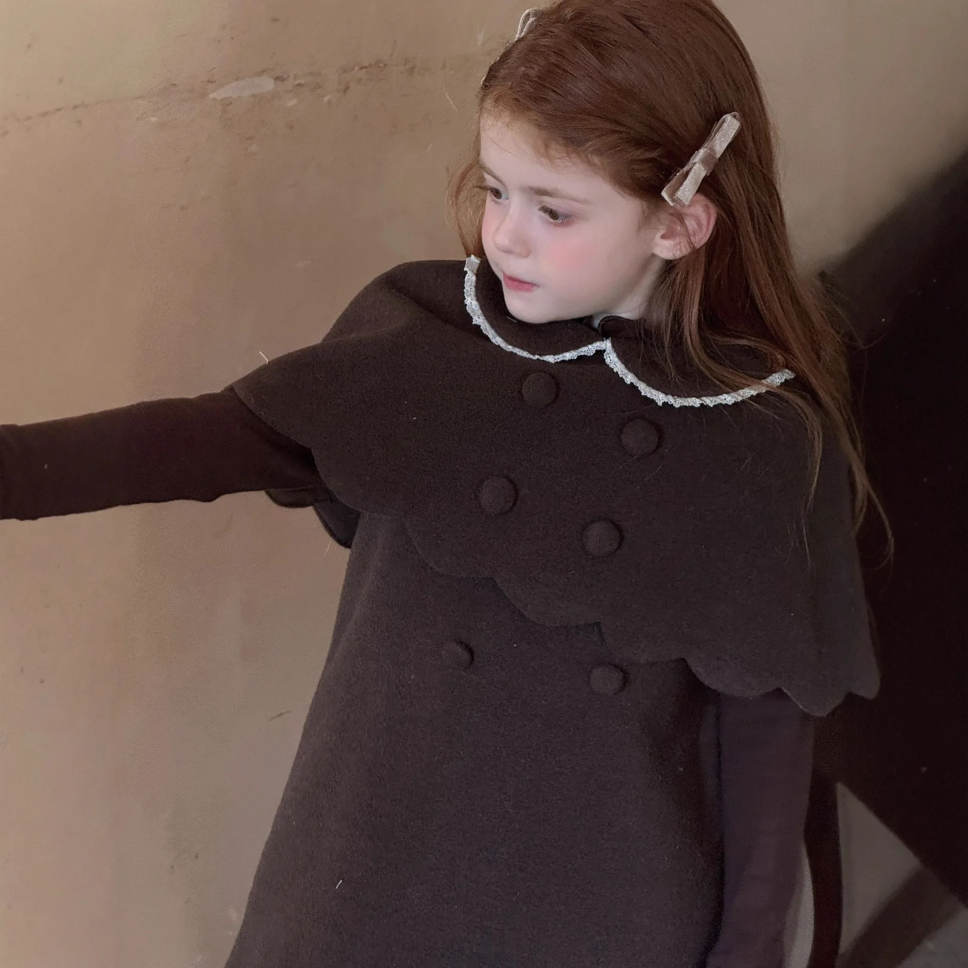 

2025 Winter New Children Clothing Korean Children Wool Vest Skirt Korean Girls Retro Cape Dress Set