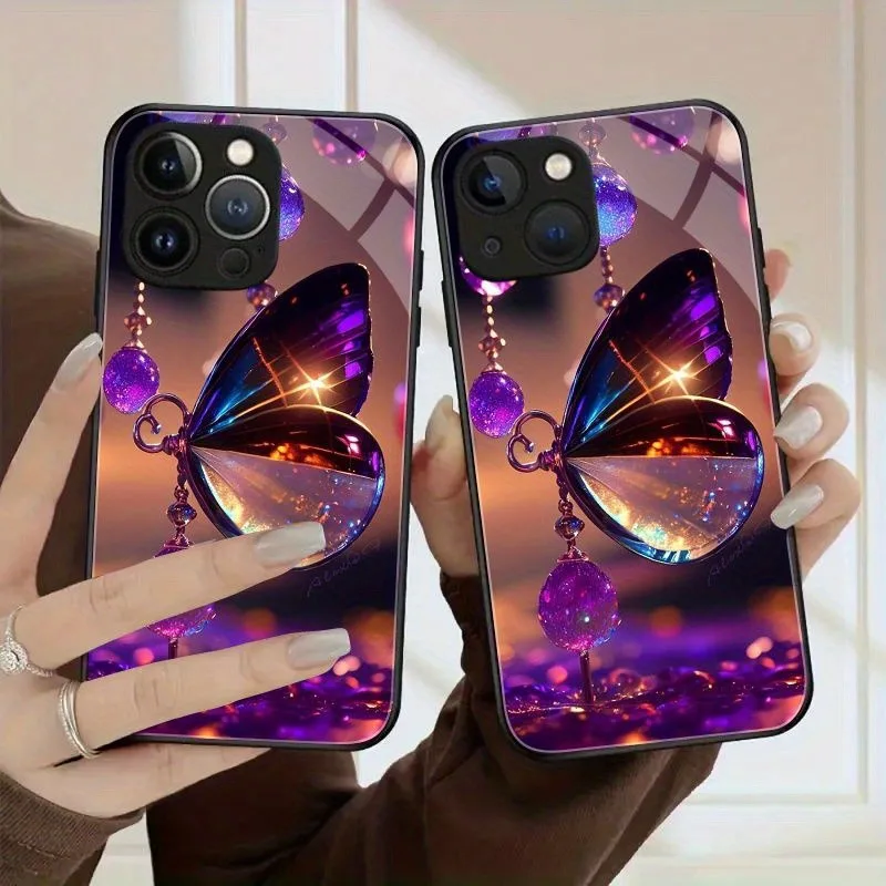 

Crystal Butterfly Pattern Tempered Glass Phone Case For iPhone 17 Pro Max 11 12 13 14 15 16 Pro 17Air 16E 7 8 Plus XR XS X Cover