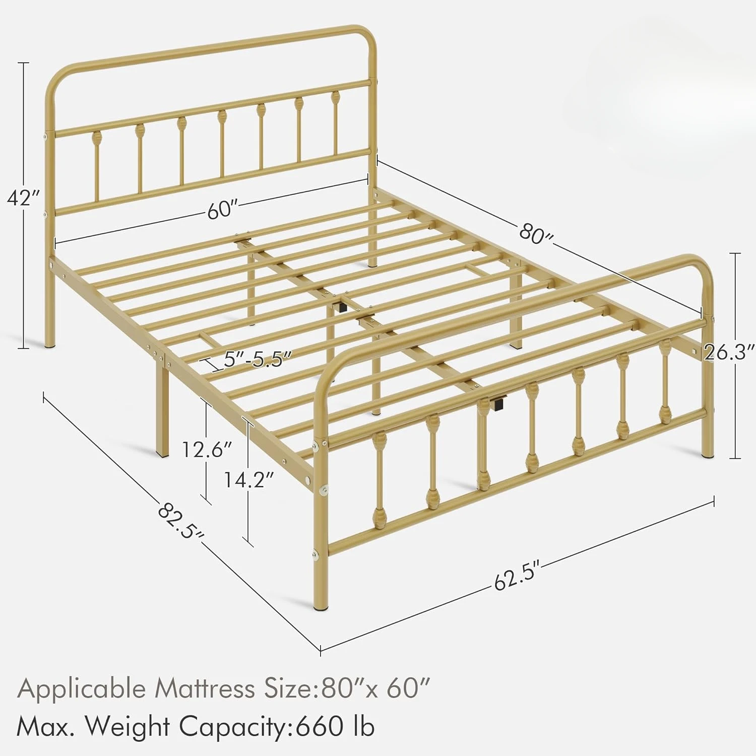 Base de colchón con marco de cama de plataforma de metal clásico, cabecero de hierro forjado, reposapiés, espacio de almacenamiento debajo de la cama, sin necesidad de resortes