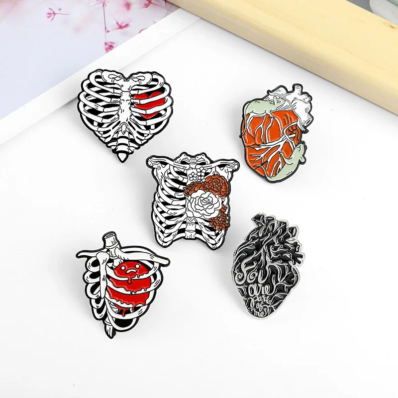 Love Even Dead Enamel Pins Custom Rib Cage Rose Heart Brooch Lapel Badge Bag Gothic Punk Jewelry Gift for Friends