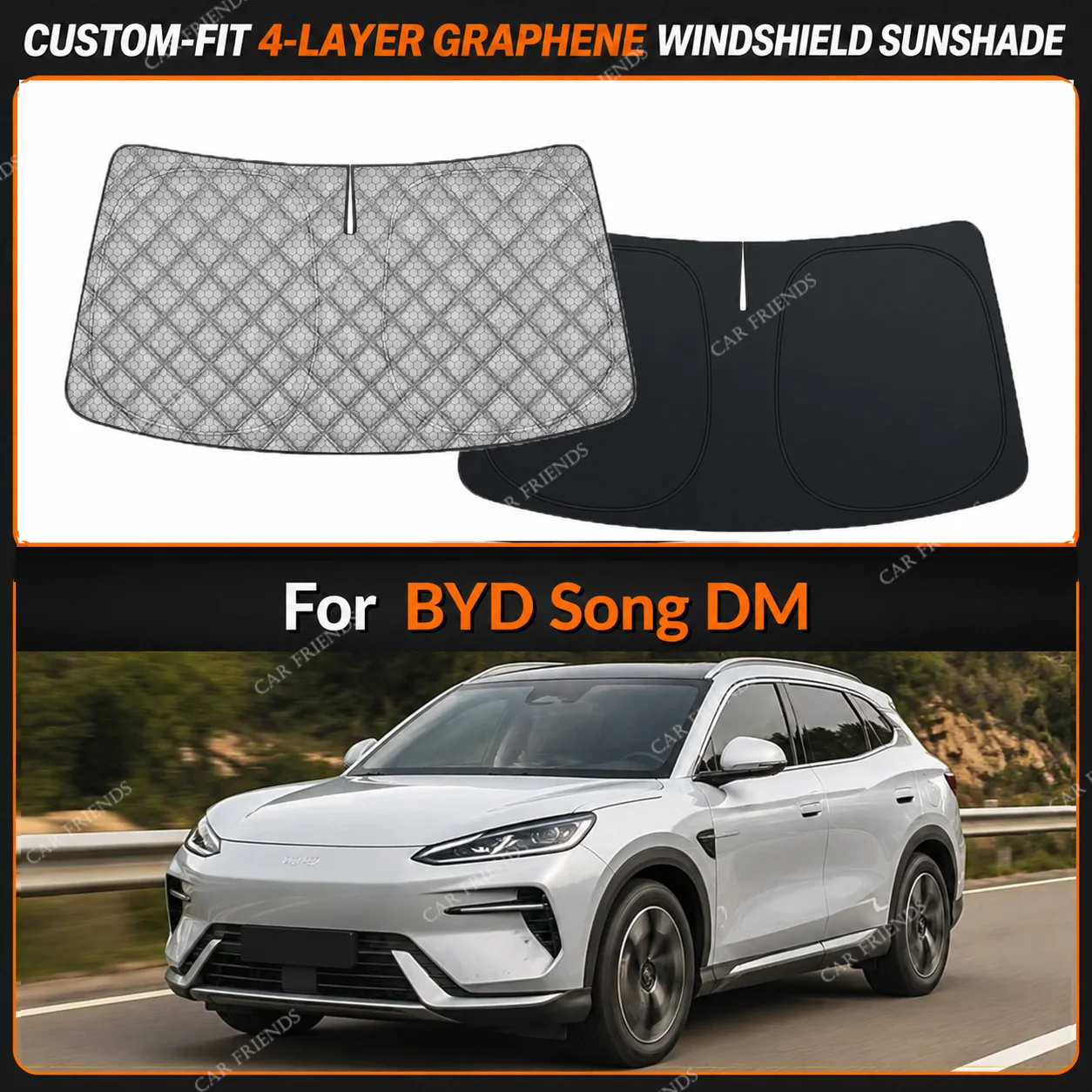 For BYD Song DM Custom-Fit 4-Layer Graphene Windshield Sunshade Reflective Gray-Silver Surface Helps Reduce Direct Sunlight