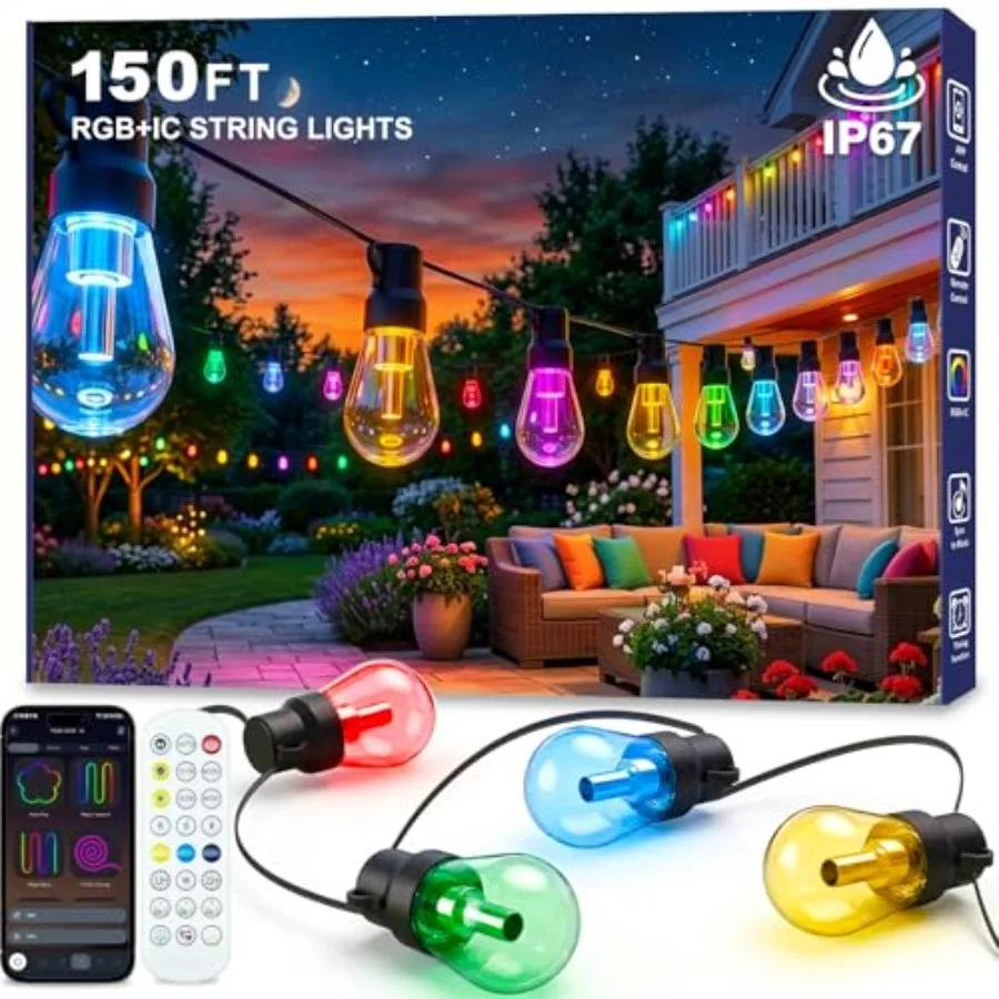 

Outdoor String Lights 150Feet RGB+IC Outside Light Dimmable Shatterproof LED Bulbs IP67 Waterproof Chasing Effect Lighting Drea