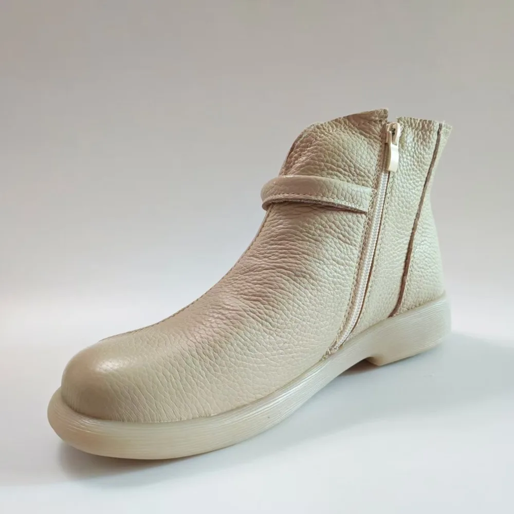 

Модные женские бежевые кожаные ботильоны с боковой молнией, повседневные удобные туфли для ходьбы, мягкая брендовая обувь D932