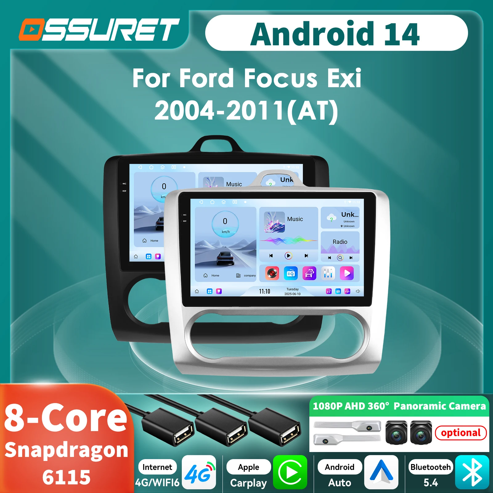 By Snapdragon 8Core Android 14 Auto Car radio For ford focus mk2 3 2004 -2011 Multimedia player GPS AI Carplay 2din 6115 Screen