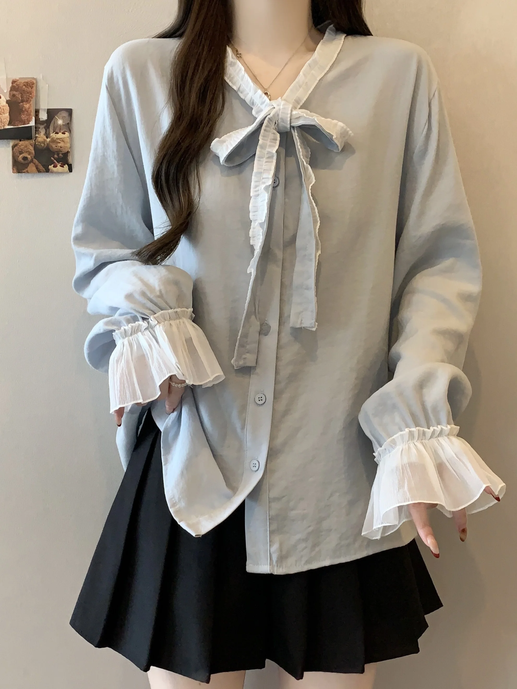 

Loose Long Sve V-Ne Knot irt Women's plus Size Spring Faionable Slimming Top Korean Sle Wide Leg Pants