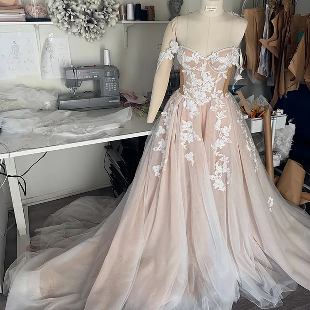 

Beading Appliques Sweetheart Corset Wedding Dress Soft Tulle Plus Size Transparent Boned Off Shoulder Customized Bridal Gowns