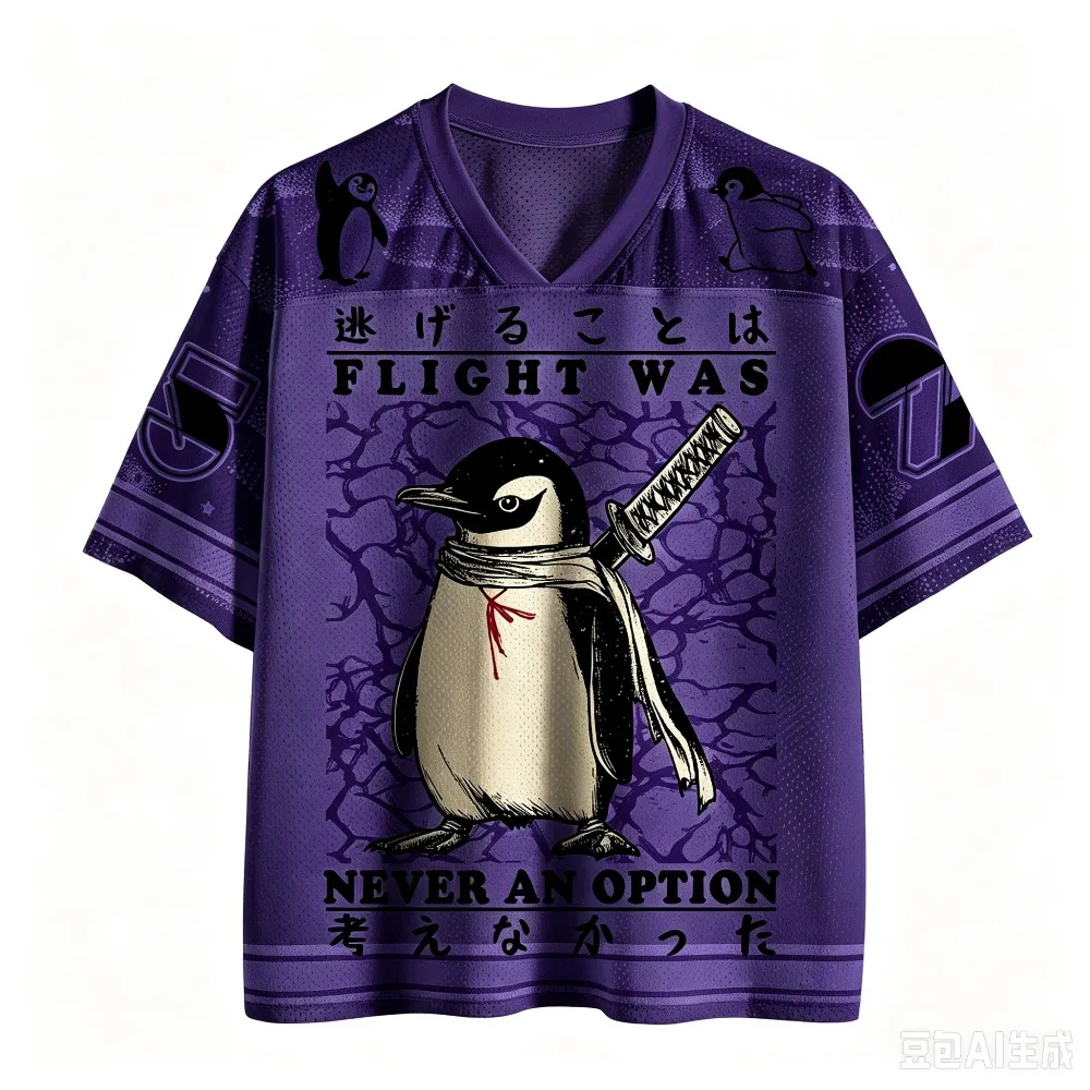 Japanischer Stil Lustiger Krieger-Pinguin 3D-Druck Schnelltrocknendes Sport-T-Shirt für Männer und Frauen mit V-Ausschnitt, Modische Streetwear für Eltern und Kinder – Detail 6